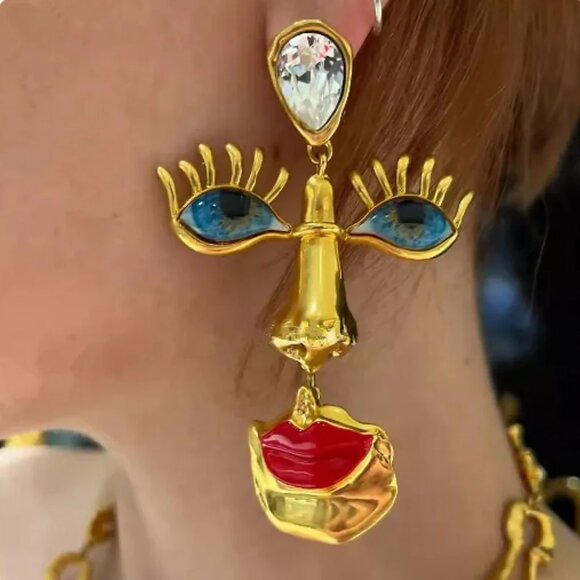 Jewelry - Schiaparelli Surrealist Inspired Earrings Blue Eyes Nose Gold Designer Look